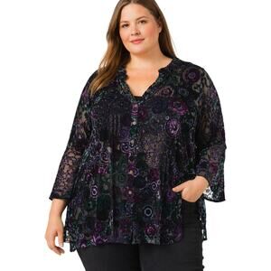 Ruby Rd Purple Velvet Burnout Button Front Tunic Blouse Woman 22W Plus